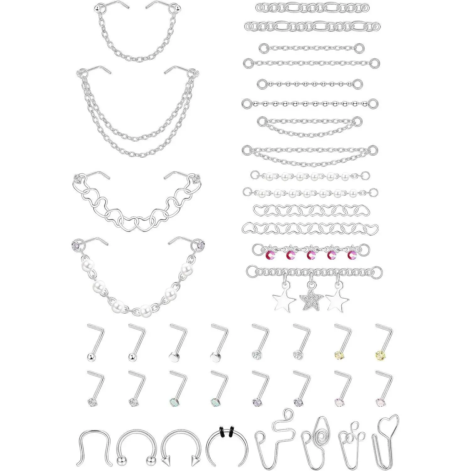 ZELORES 38-Piece 20G Silver Non-Tarnish Stainless Steel Unisex Body Piercing Kit - Stainless Steel Resists Daily Wear, Nose Studs, Chain-Attached Studs, African Cuffs, Horseshoe Septum Rings, Star & Heart Designs for Casual to Edgy Looks