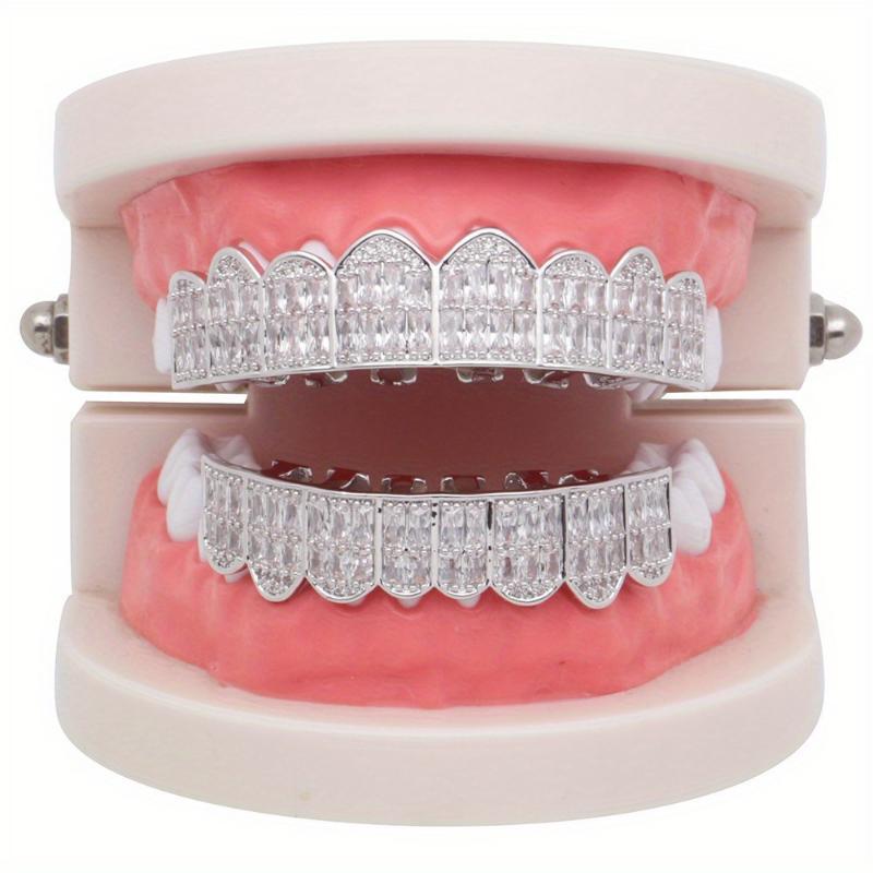 2pcs SET Baguette 8 Teeth Grillz Top & Bottom Mouth Grills for Hip Hop Enthusiasts Unique 8 Teeth Design Ideal Gift stone mountain grillz diamond belly button shape