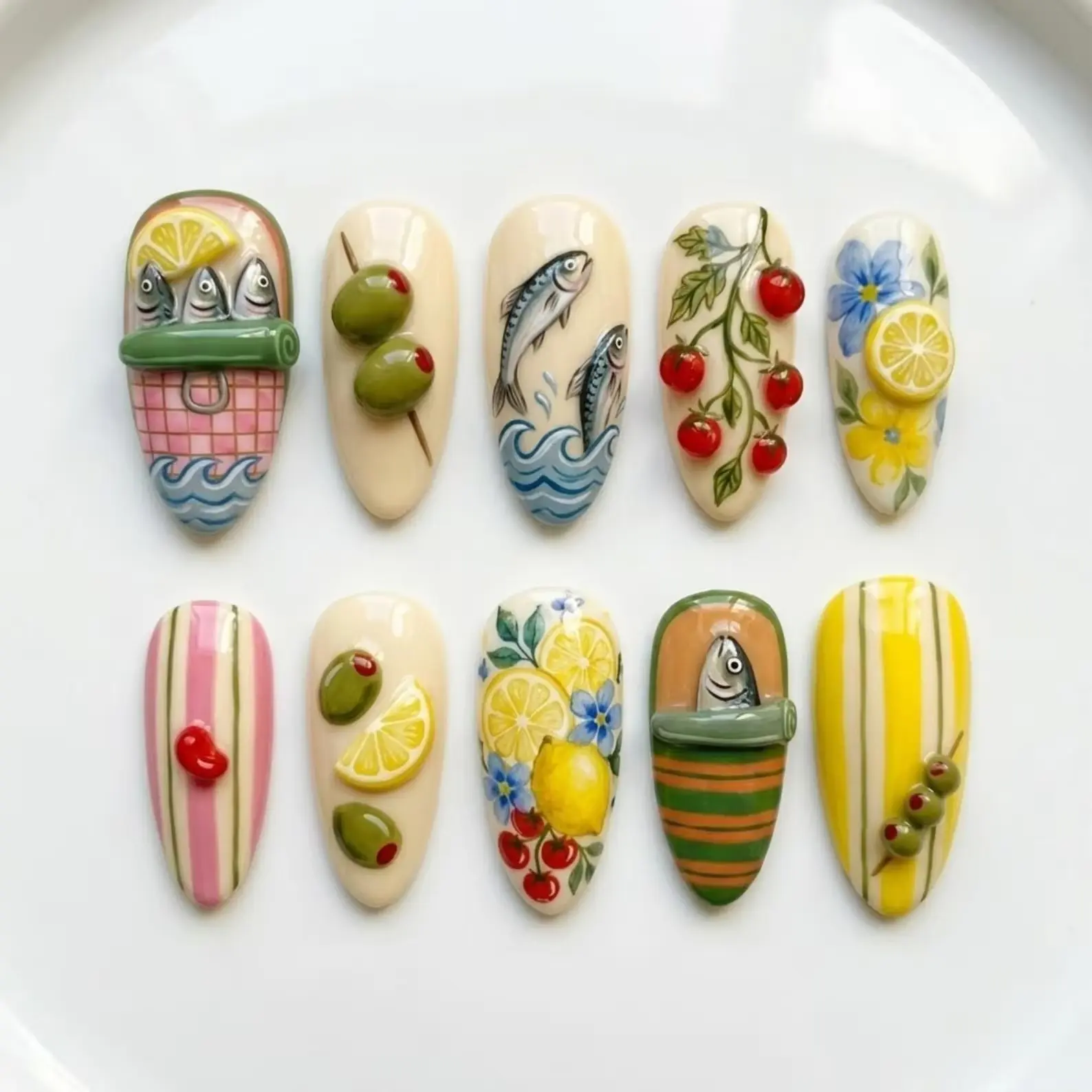 Mediterranean Coastal Sardine Olive Lemon Press On Nails, 3D Hand Painted Fruit Nail Art, Tomato Girl Summer Aesthetic Set