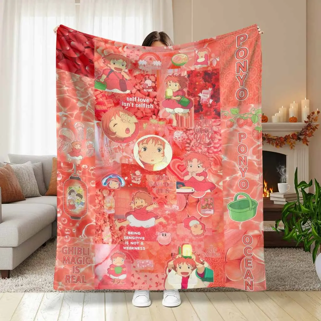 Ponyo Ocean Inspired Flannel Blanket Cute Anime Cartoon Print Soft Cozy Lightweight Throw Warm Decorative Bedding for Sofa Bedroom Living Room Travel Gift Decor