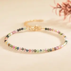 Natural Rainbow Tourmaline Bracelet - 2mm Faceted Beads Gemstone Healing Bracelet - Minimalist Dainty Boho Crystal Bracelet