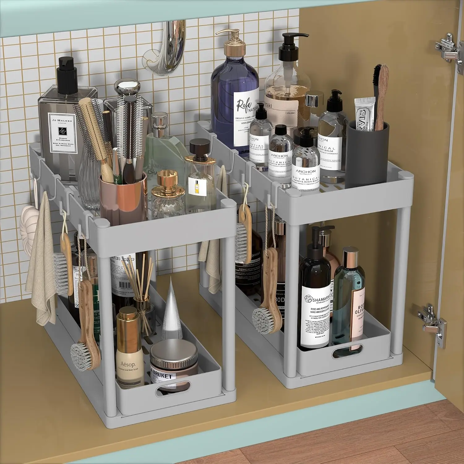 2PC Under Sink Organizer Rack 2 Tier Under Sliding Cabinet Basket Organizer Drawer with 4 Hooks, Multi-purpose Under Sink Storage for Bathroom Kitchen Desktop Grey