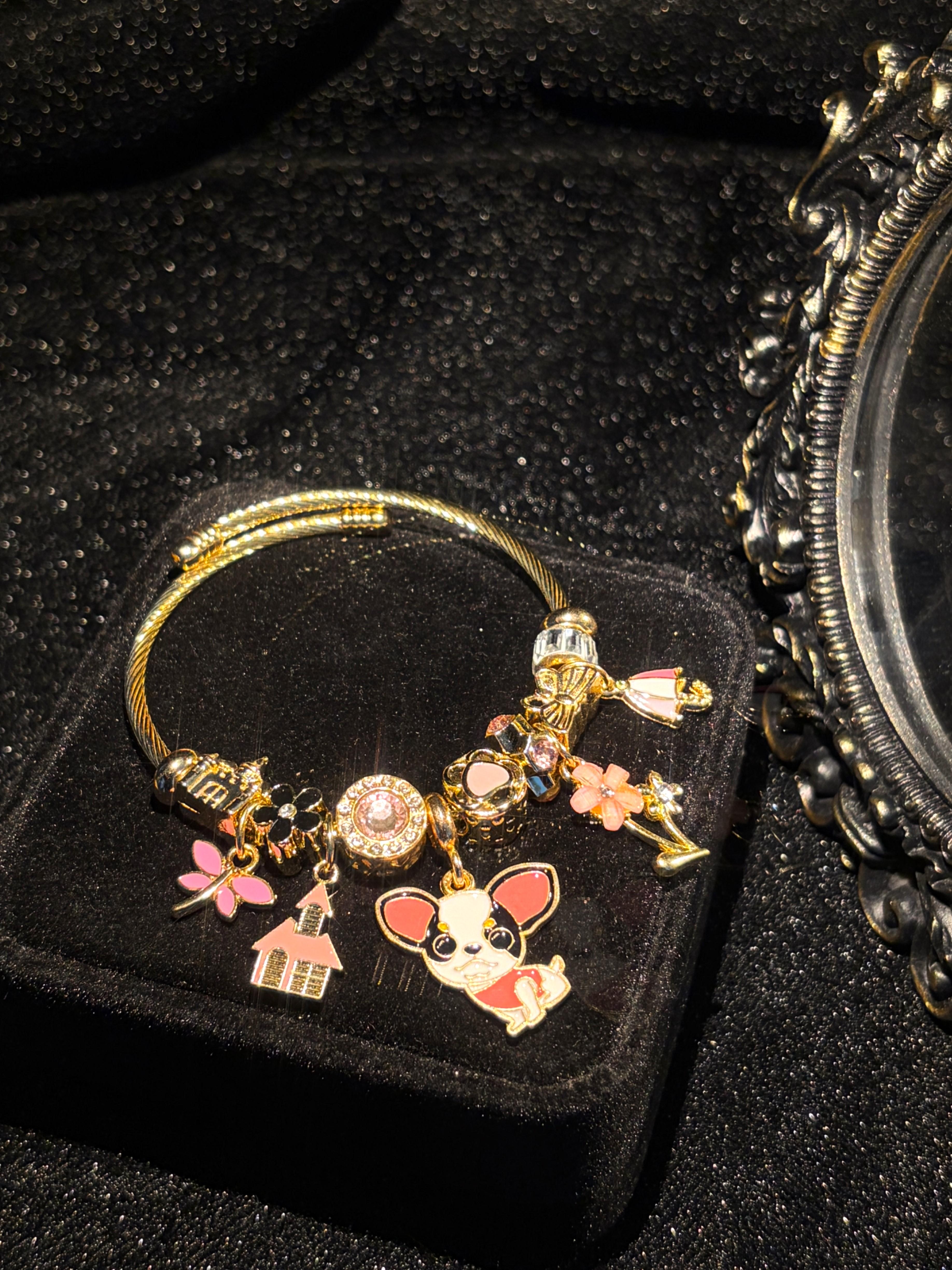 Cute Chihuahua Themed Open Cuff Bangle - Multi-Charm, House & Flower Accented, Skirt Beaded, Stackable Fashion Jewelry Gift for Pet Lovers