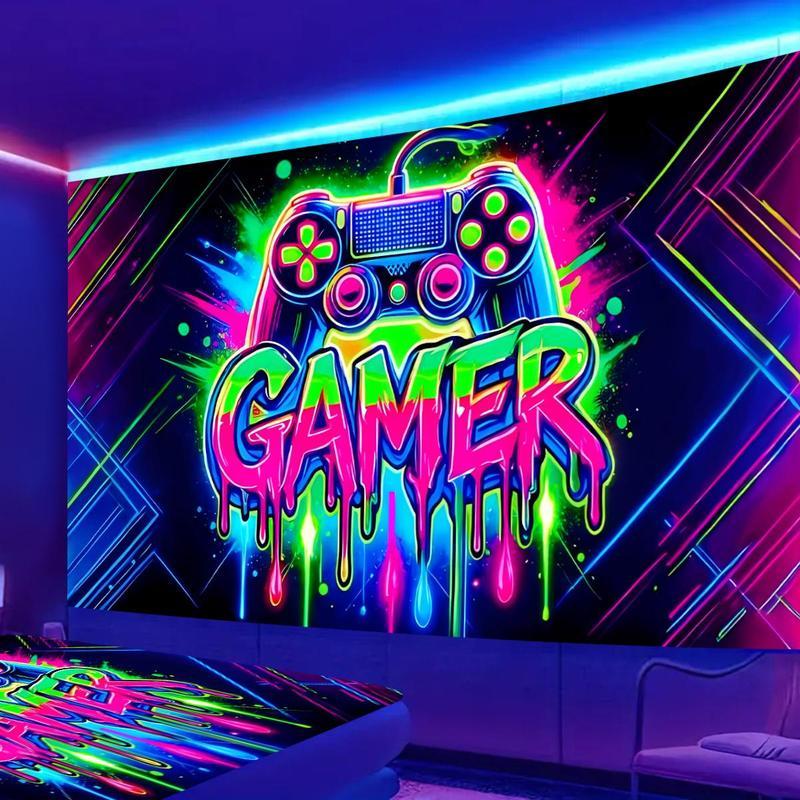 Game Controller Pattern Tapestry, UV Reactive Black Light Tapestry, Game Controller Neon Light Effect Wall Hanging, Bedroom Aesthetic Art Decoration Wall Tapestries