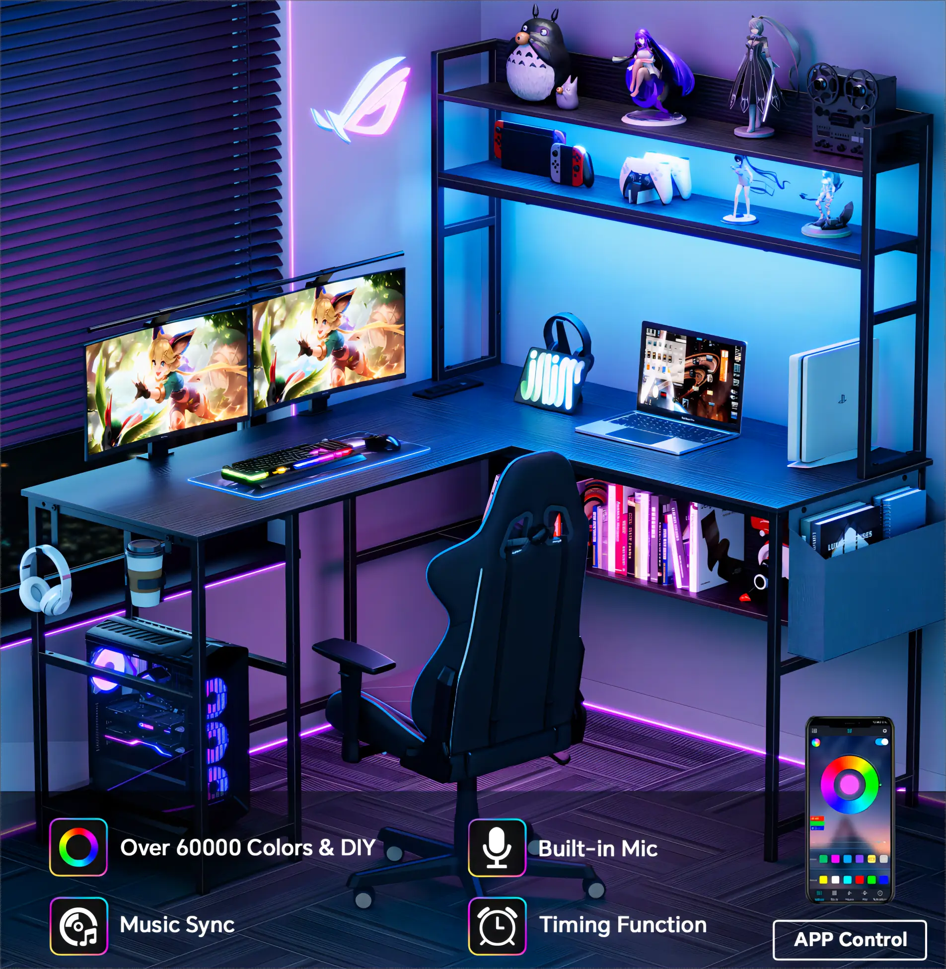 L Shaped Gaming Desk with LED Lights & Power Outlets Computer Desk with Hutch Office Desk with Storage Shelf, Headphone Hook,Cup Holder