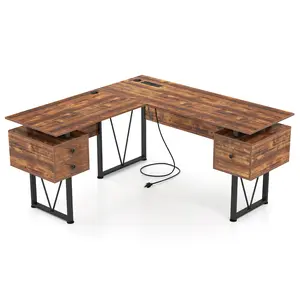 COSTWAY - L-shaped Computer Desk with Power Outlets and 3 Storage Drawers-Rustic Brown