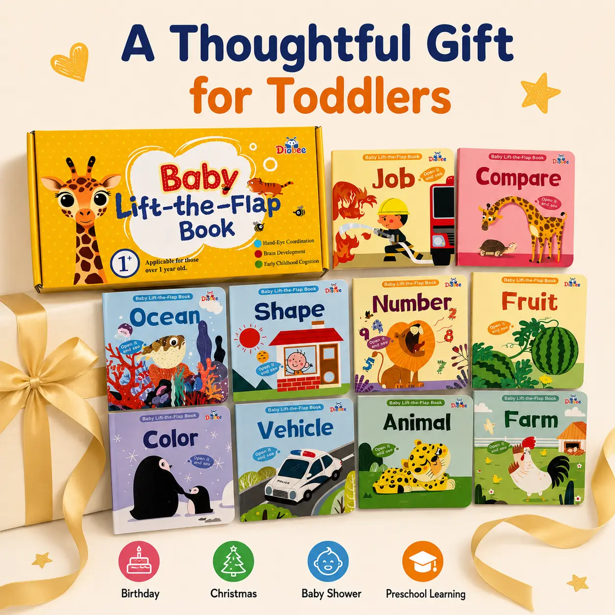Diobee Peek & Learn Lift-the-Flap Board Book Set - 10 Interactive Early Learning Books for Toddlers Ages 1+, Focused on First Words, Animals, Colors, Numbers, Fine Motor Skills