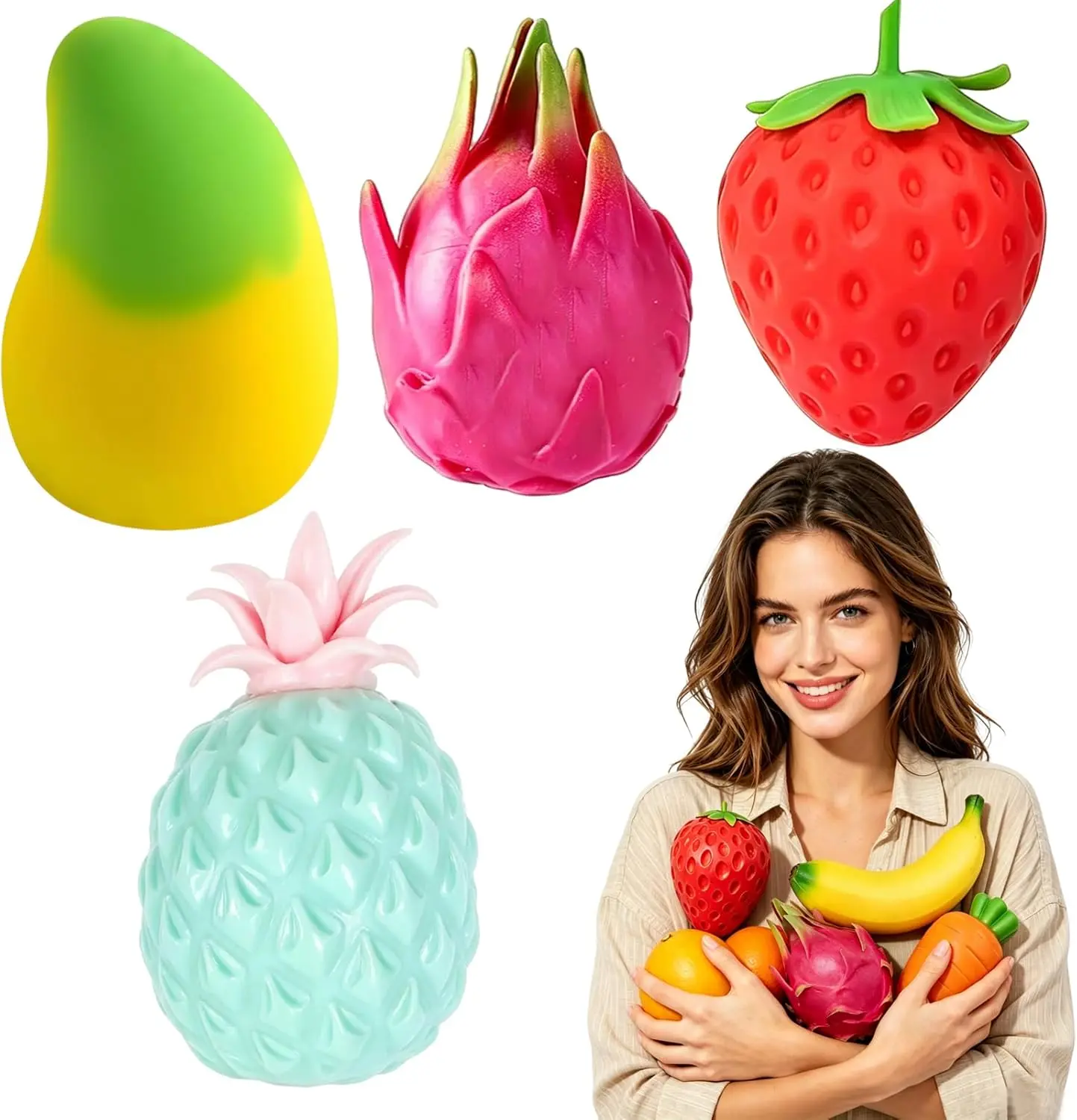 4PCS Fruit Squishy Slow Rising Set – Strawberry, Banana, Mango & Pineapple Soft Cute Stress Relief Toys, Squishy Box Set, Unisex, Stress Reliever, Pvc-Free