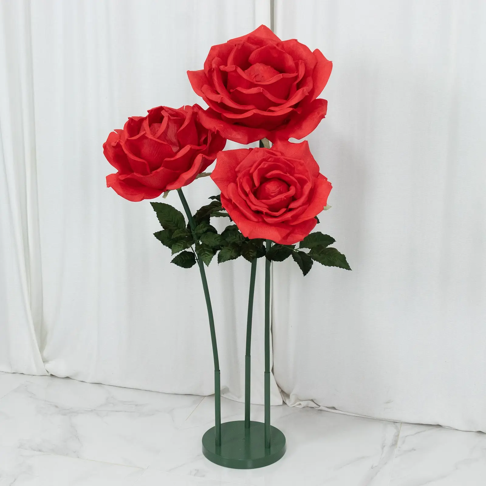 Giant Decorative Artificial Rose Set - 3 Pcs Oversized Red Faux Flowers with Base, 4.5ft Tall Artificial Flower Arrangement for Photo Booth Props, Parties