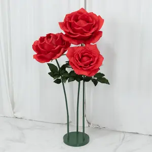 Giant Artificial Rose Decor Set – 3 Pcs Oversized Red Faux Flowers with Base Standing 4.5ft Tall Photo Booth Prop Parties Event Backdrop Display