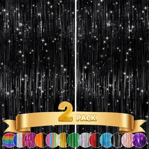 2Pack Black Metallic Tinsel Foil Fringe Curtains, Black Foil Curtain Backdrop, Photo Booth Props for Birthday Wedding Baby Shower Bachelorette Xmas Celebration Party Decorations Door St