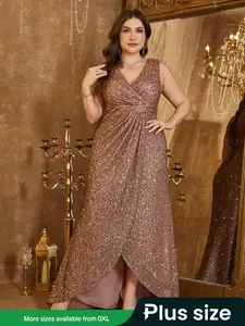 Plus Size Women's V Neck Sleeveless Sequined Ruched Fitted Dress, Elegant Formal wear Chic Evening Party Wear, Summer Fashion, Comfortable Fit, Stylish Design, Style