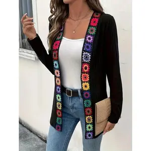 Women's fashionable solid color ribbed ethnic patch cardigan long sleeved jacket, autumn and winter daily casual knitted jacketRAIMENTRY