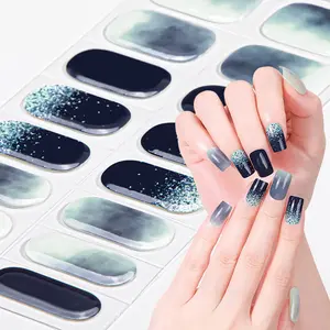 16pcs Blue Gradient Gel Nail Strips, Shiny Stripe Self-Adhesive Full Set, Nail Art Stickers, UV Lamp Required, Easy to Apply and Remove, DIY Nail Art for Women and Girls