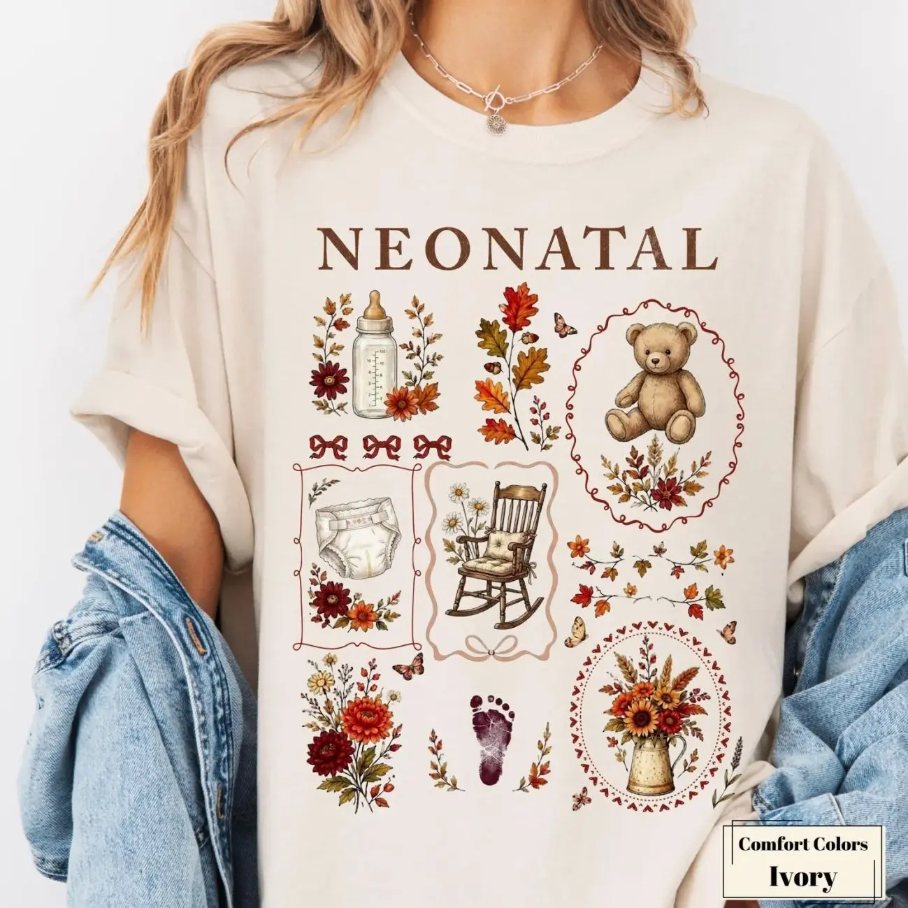 Fall Neonatal Shirt, NICU Autumn Floral Collage Tshirt, Labor and Delivery Nurse Tee V