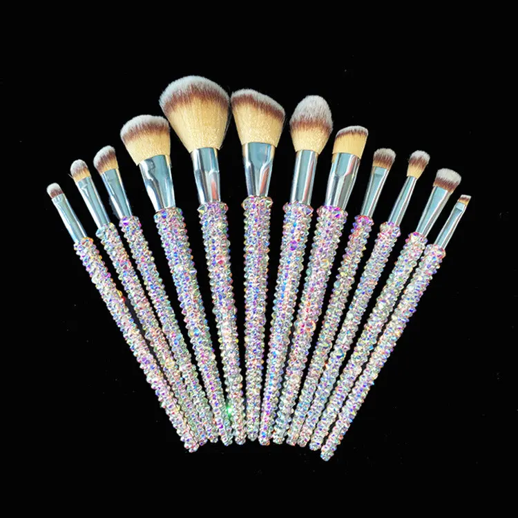 12-Piece Rhinestone Makeup Brush Set, Handmade Gem-Style Resin Brushes for Foundation, Powder, and Concealer, Rhinestone Brush
