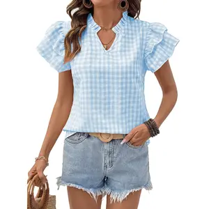 Shewin 2026 Spring/Summer Women's Casual Plaid Blouse - V-Neck Short Sleeve Loose Fit Top with Ruffled Collar, Yarn-Dyed Cotton Fabric for Daily Wear