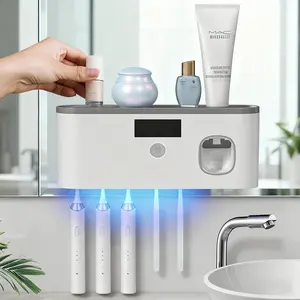 Toothbrush Holders for Bathrooms, Toothbrush Holder Wall Mounted with Toothpaste Dispenser Charging and No Drilling Required Tooth Brush Holder with 5 Brush Slots(Gray)
