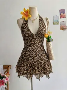 Women's Leopard Print Slim-Fitting Mini Dress, Sleeveless, Asymmetrical Hem, Tie-Neck Design, Sexy Short Skirt for Women