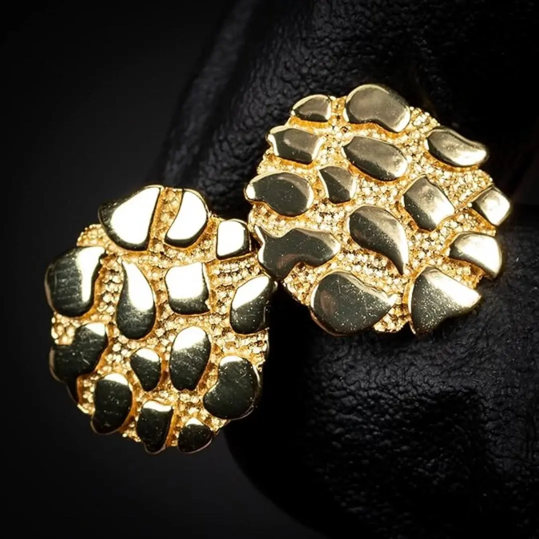 14K Solid Brass Golden Nugget Cookie Nugget 12mm Chunky Hip Hop Earrings | Gold Plated Unisex Jewelry w/ Gift Box