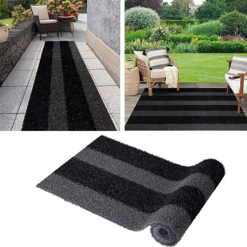 Black-Gray Zebra Stripes Artificial Grass Area Rug, 0.8" Pile Height Durable Area Rugs, 1ft-15ft Width Fake Plant Decoration Mat, Indoor Outdoor Home Decor Carpet, Home Decorative Rugs
