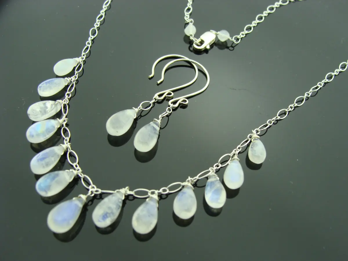 Rainbow Moonstone Jewelry Set · 925 Sterling Silver Necklace & Earrings · June Birthstone Gift for Her · Boho Bridal Jewelry