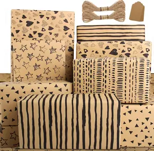 Wrapping Paper Sheets- Wrapping Paper Set with Tags & String-Brown  Wrapping Paper Birthday  Wrap for Present Wrapping Paper-Birthday Paper Birthday Wrap for Women Girl Men Boys (6 Sheets, 28"Lx20"W per Sheet)