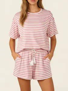 Women's Striped Knit Short Set, Womenswear, Casual Loose Fit Summer, Round Neck & Drawstring Design, Perfect for Daily Wear