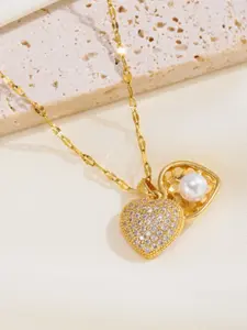 Titanium Steel Heart Pearl Necklace, Full Diamond Micro-Encrusted Design, Trendy Sparkling Pendant for Women, Simple Style