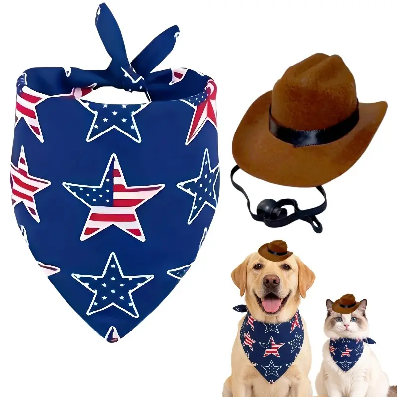 2pcs Mini Western Cowboy Costume Set for Dogs & Cats, Adjustable Hat & Bandana, American Flag Design, Comfortable for Parties