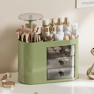 UFORU Makeup Organizer with Drawers 4 Slot Brush Holder One Touch Open Spacious Cosmetic Storage for Vanity Dresser Bathroom Countertop Beauty Holder for Lipstick Skincare Jewelry White