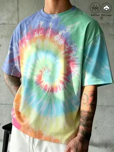 Men's Macaron Rainbow Tie Dye T-Shirt, 240g 100% Cotton, Oversized Round Neck, Soft Fabric, Y2K Style Streetwear Casual Top, Loose-Fitting