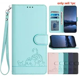 Cartoon Cat Phone Case for iPhone 17 16 15 14 11 12 13 Pro Max 13 Mini Cases Leather Wallet Flip Cover Strap