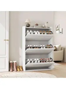 White 2025 New Shoe Cabinet With 3 Flip Drawers, Modern Shoe Storage For Entryway, Wooden Shoe Organizer Cabinet With Adjustable Shelf, Hidden Shoe Rack For Hallway, Living Room Decor Installation