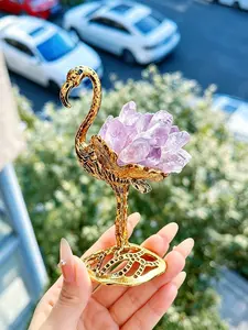 Natural Crystal Amethyst Blue Quartz Firebird Ornament, Metal Statue, Unpolished Amethyst Cluster, Elegant Home Decor