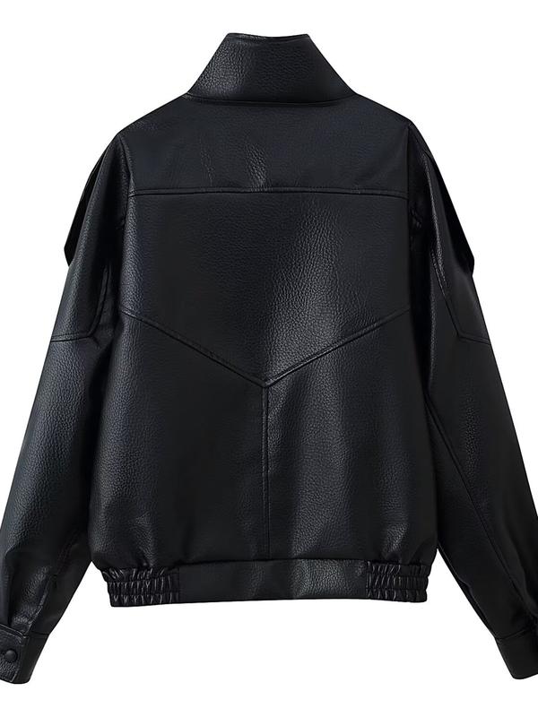 Women's Fashion Lychee-Grain PU Leather Jacket, European and American Style Biker Jackets for Autumn and Winter