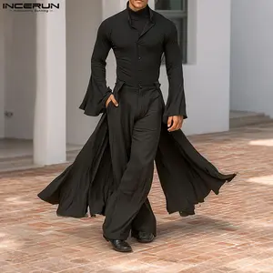 INCERUN Mens Halloween Dark Gothic Suit Set Flare Sleeve Slim Shirt & Flowing Panels Wide Leg Pants Two Piece Outfit for Stage Party Cosplay