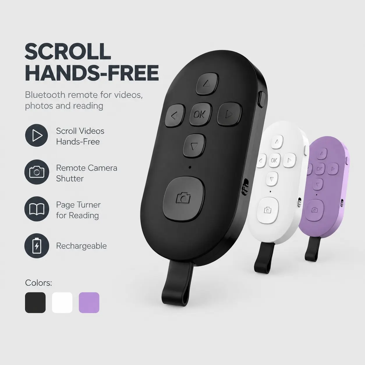 Quriov Bluetooth Scrolling Remote for iPhone, iPad and Android Phones, Rechargeable Video Page Turner and Camera Shutter Remote with 7 Buttons