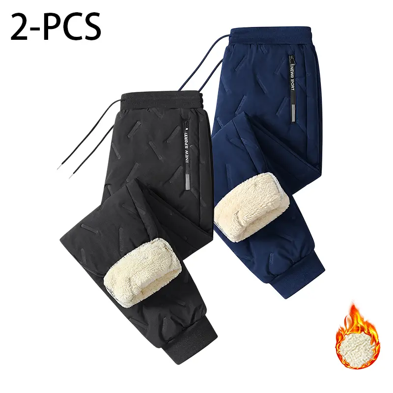 2PCS Men’s warm thermal winter snow pants — ideal for hiking, workouts, and outdoor activities; machine-washable sweatpants for men; perfect for extreme cold weather; layered solid-color design; regular fit menswear top; stylish trousers for men; casual p
