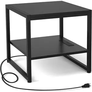 End Table with  Station, 20 Inch Mini Fridge Stand with 2-Tier Open Shelf, Square Bedside Nightstand & Sofa Side Table for Living Room, Dorm, Office, Black