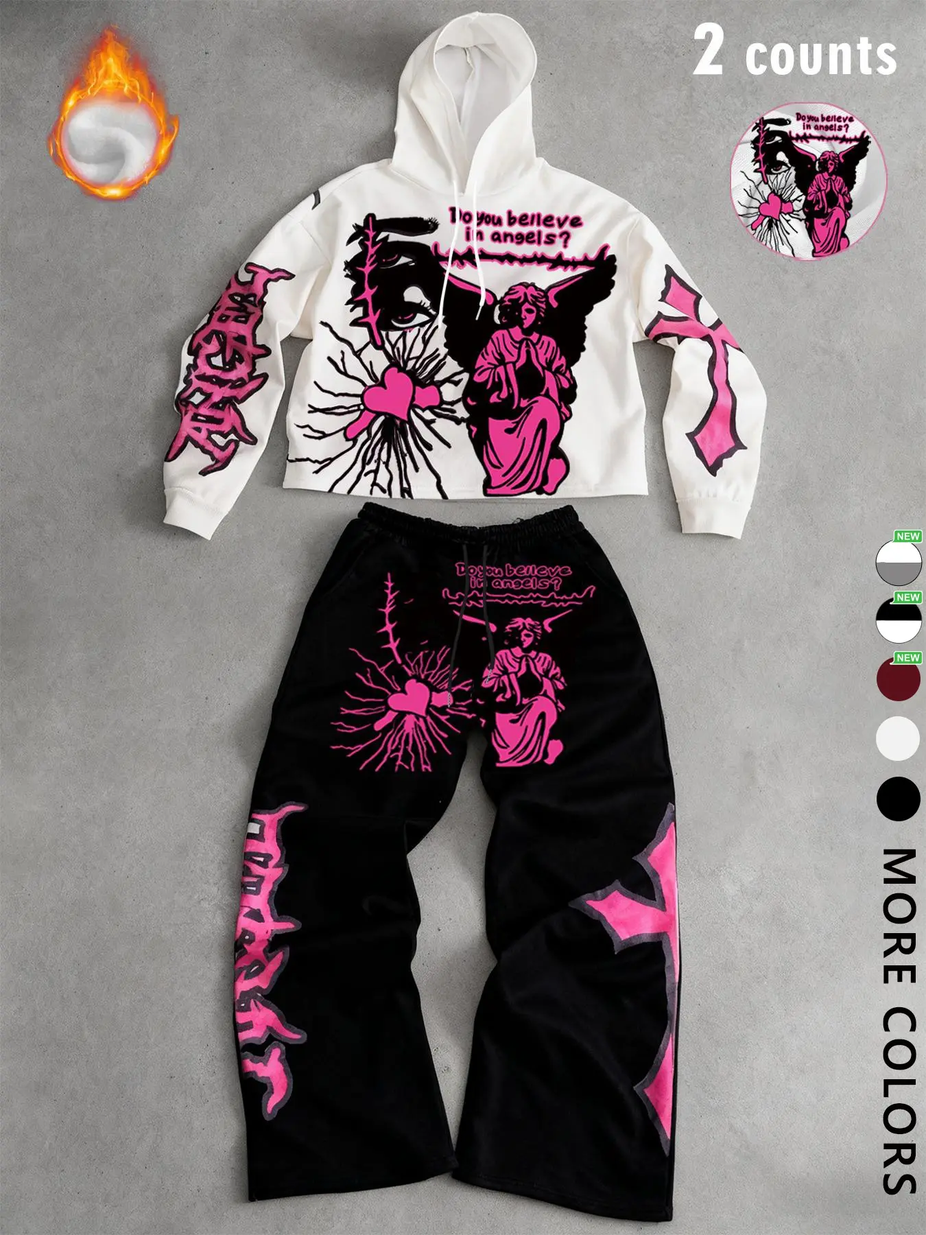 Tiktok Trendy Y2K Style Angel Graphic Hoodie Sweatshirt & Pants Matching Set, Fall Winter Fitted, Streetwear Gothic Couple Look, Casual Daily Wear Outfits