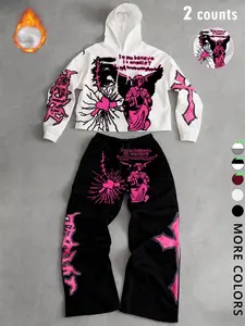 Tiktok Trendy Y2K Style Angel Graphic Hoodie & Pants Set, Fall Winter Fitted, Streetwear Gothic Couple Look, Casual Daily Wear