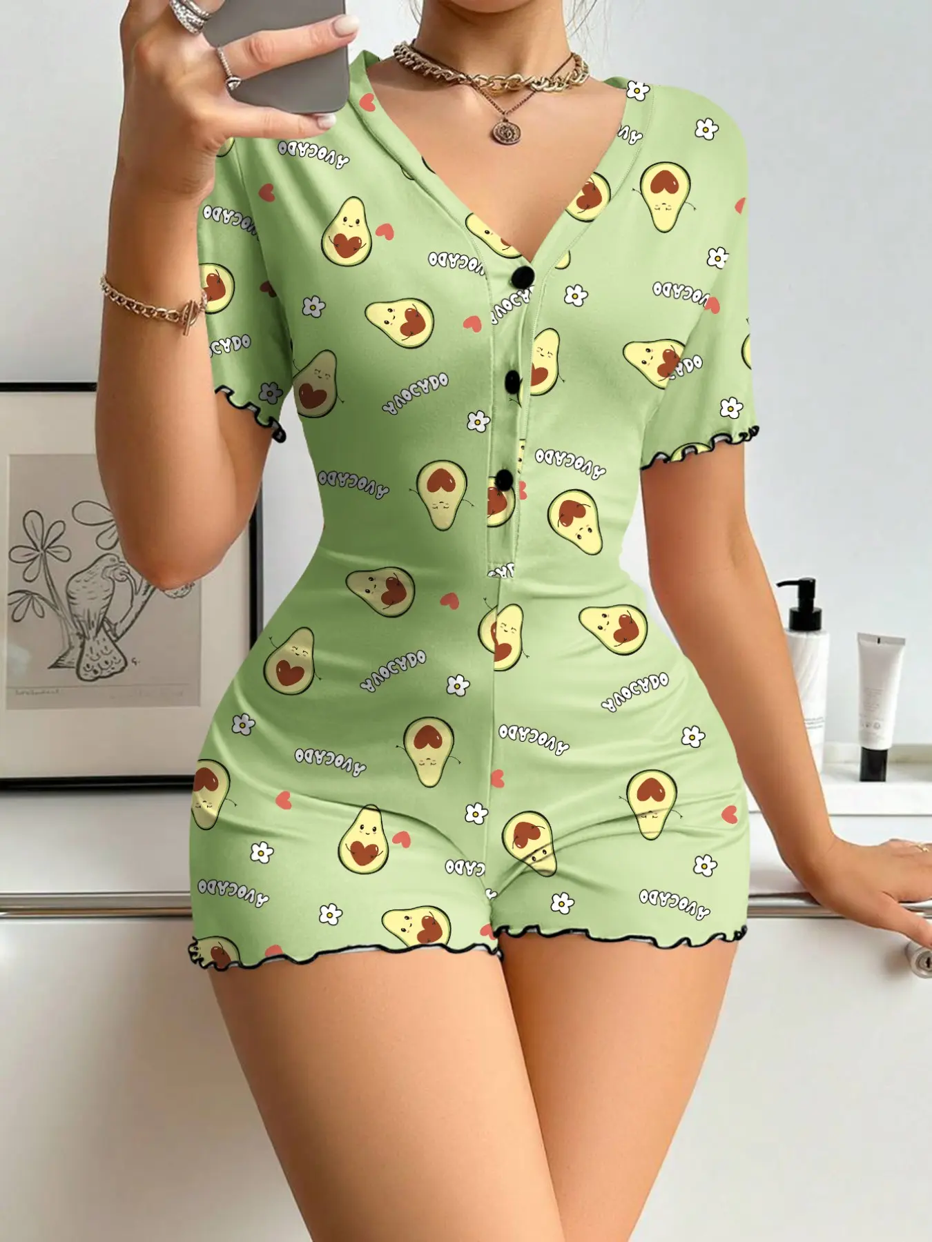 Cute Avocado Print Button Front Romper Pajamas for Women, Stylish V-Neck Short Sleeve Fitted Romper, Soft Comfortable Homewear for All Seasons, Mint Green
