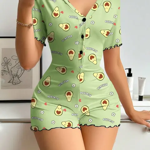 Cute Avocado Print Button Front Romper Pajamas for Women, Stylish V-Neck Short Sleeve Fitted Romper, Soft Comfortable Homewear for All Seasons, Mint Green, Casual Comfy Romper, Chic Romper, Cute Rompers