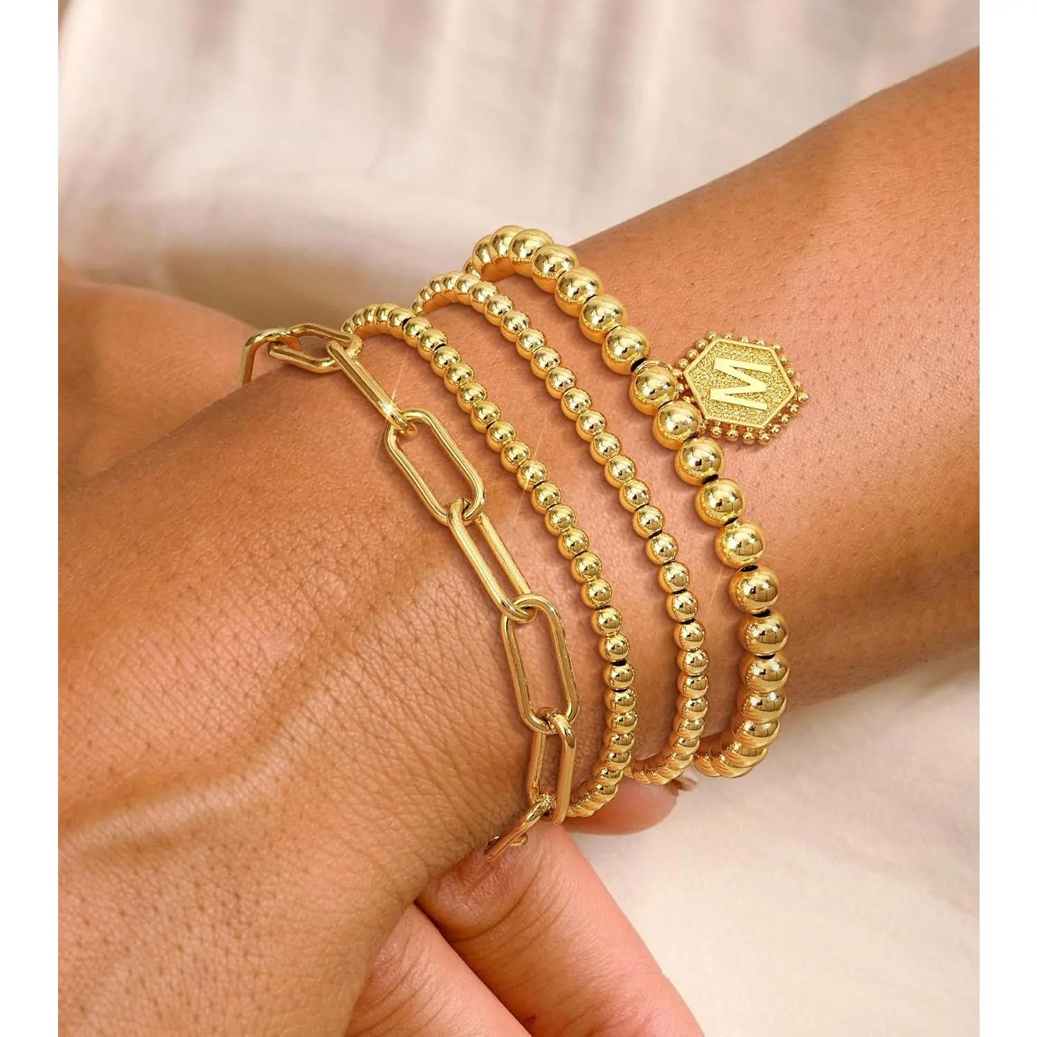 doubgood Gold Bracelets for Women, 14K Gold Plated Stackable Initial Beaded Bracelet with Letter Pendant Waterproof Stretch Trendy Stack Jewelry Set Gifts for Mom Mother's Day doubgood Gold Bracelets for Women, 14K Gold Plated Stackable Initial Beaded Bracelet with Letter Pendant Waterproof Stretch Trendy Stack Jewelry Set Gifts for Mom Mother's Day