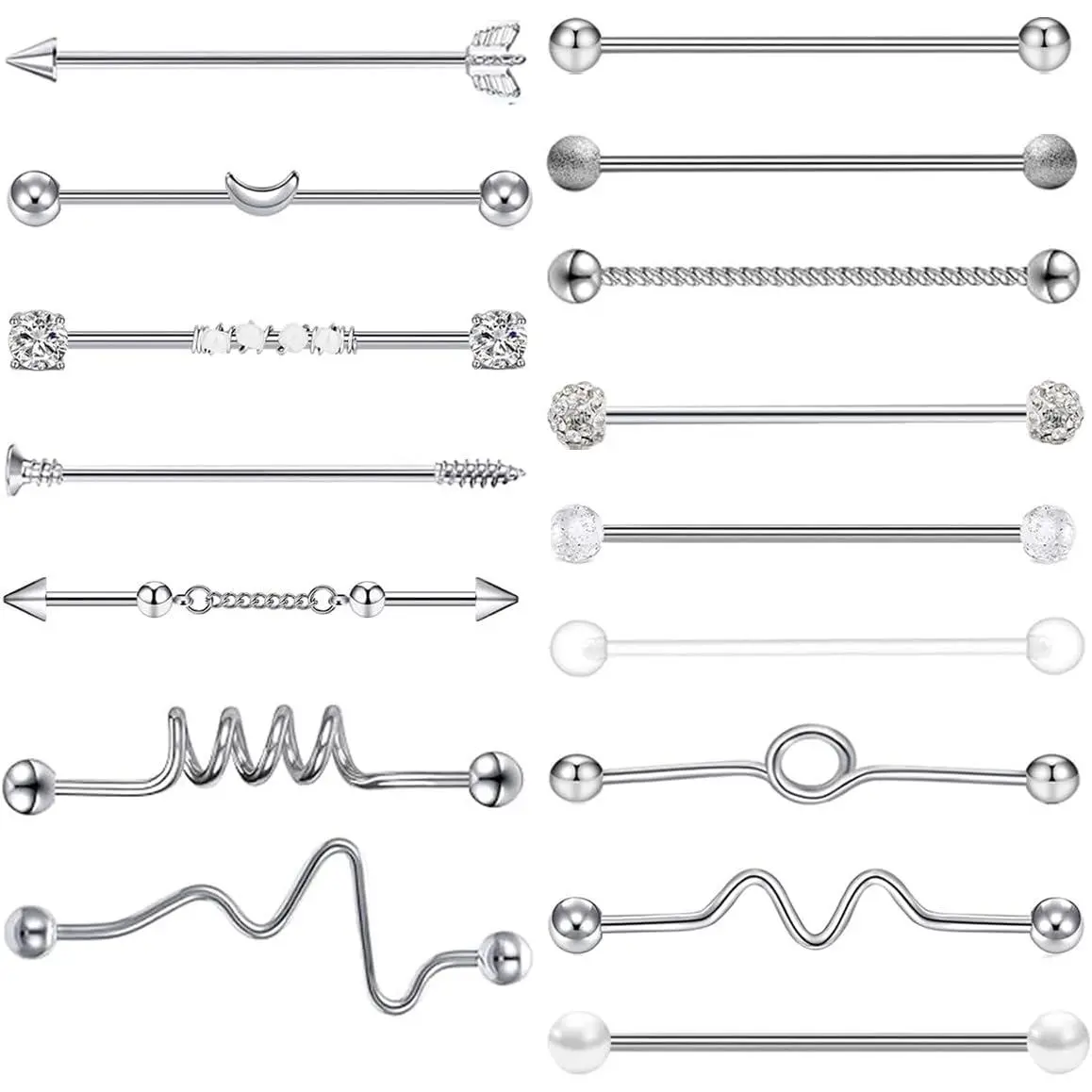 14G Industrial Piercing Jewelry For Women Men Stainless Steel 38 Industrial Barbell Long Cartilage Helix Conch Earrings Stud 14G Gauges Industrial Jewelry Butterfly Heart Cool 7-18pcs