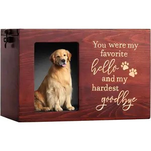 Pet Memorial Urns for Dog or Cat Ashes, Large Wooden Funeral Cremation Urns with Photo Frame, Keepsake Memory Box with Black Flannel Lining