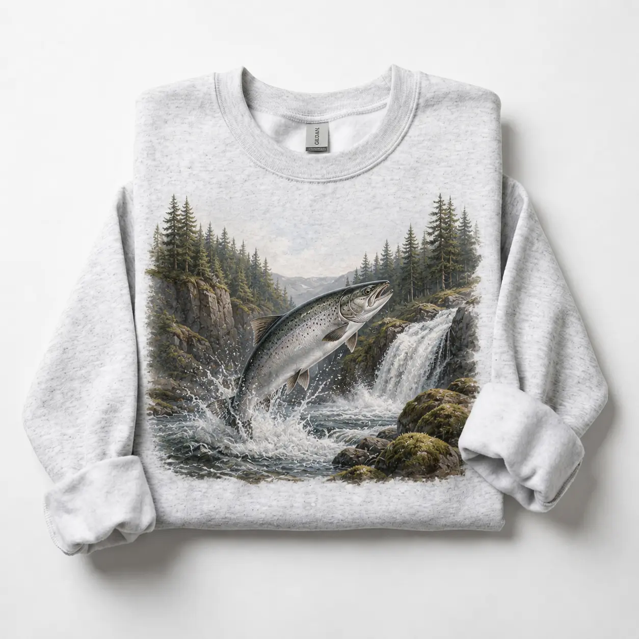 Wild Salmon Waterfall Sweatshirt - Classic Forest Stream Nature Crewneck Pullover for Men Women