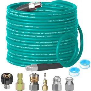 Washer Sewer Jetter Kit - 50Ft X1/4" Hydro Drain Jetter Cleaner Hose, Corner, Rotating and Button Nose Sewer Jetting Nozzle  Tape,Orifice 4.0 4.5,1/4 Inch NPT,5800 PSI