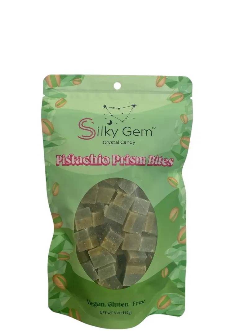 Silky Gem Pistachio Prism Bites Crystal Candy 6oz Bag Vegan Gluten Free US Made Silky Texture & Pistachio Flavor Perfect Snack